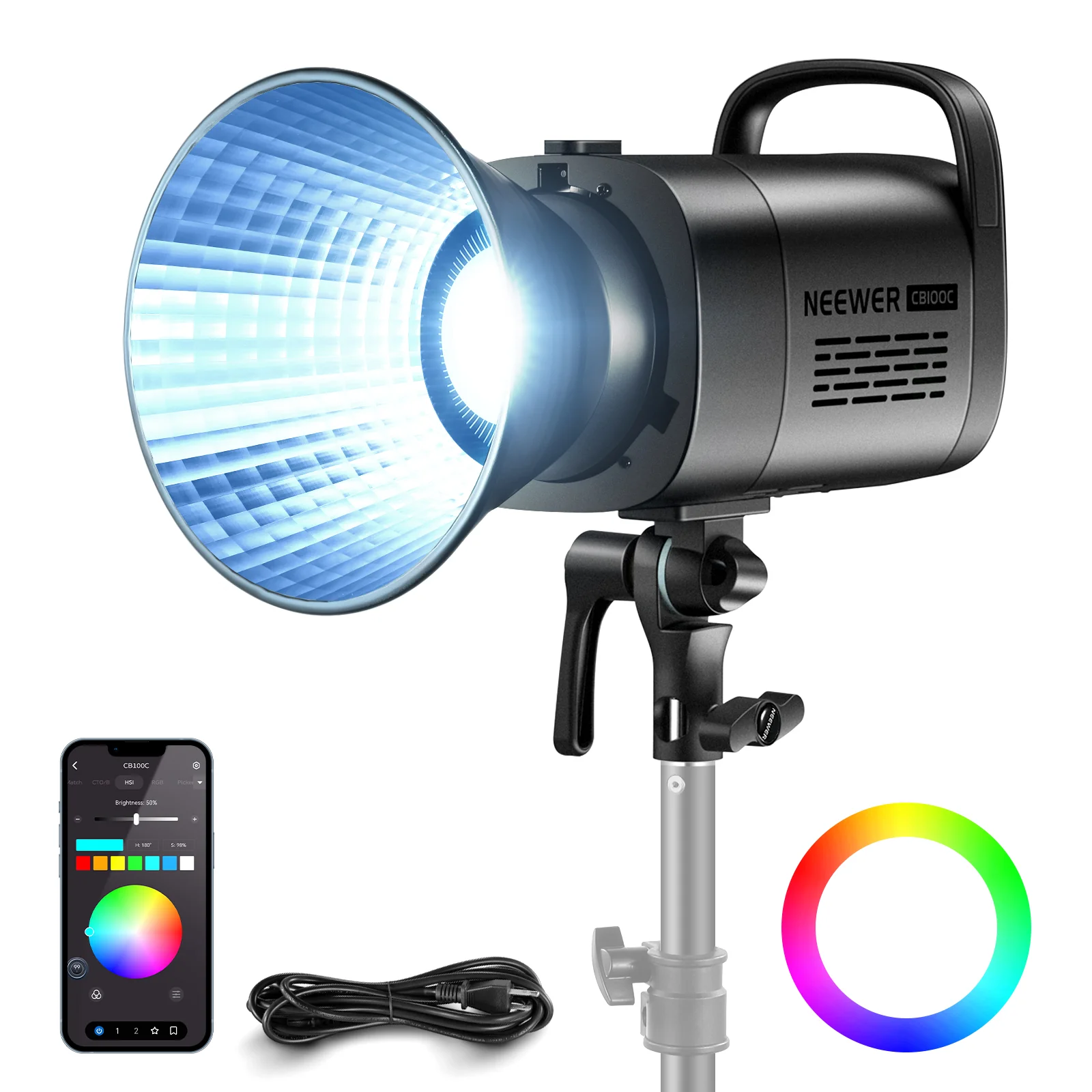 1 x130W RGB-WW COB LED Video Light Monolight with Godox 60cm Softbox